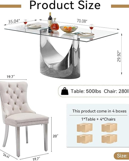 5 Piece Dining Table Set, Modern Glass Dining Table Set for 4 with Velvet Chairs, 70" Luxury Dining Table Chairs Set of 4, Kitchen Dining Room Sets for Dinner Dinette Breakfast Banquet, Beige+Silver