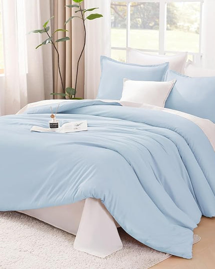 Litanika Comforters Light Blue Full Size, 3 Pieces Lightweight Solid Bedding Comforter Set, All Season Fluffy Bed Set (79x90In Comforter & 2 Pillowcases)