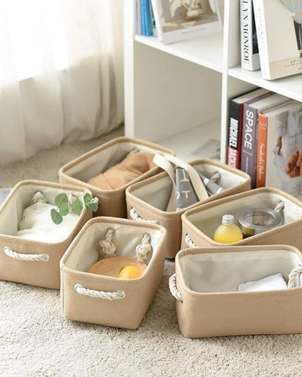 TheWarmHome Storage Basket for Organizing - Small 6 Pack 11.8x7.8x5.2 inch Fabric Storage Cubes with Cotton Rope Handle, Collapsible Storage Bins Baby Storage Toy Nursery (Beige)