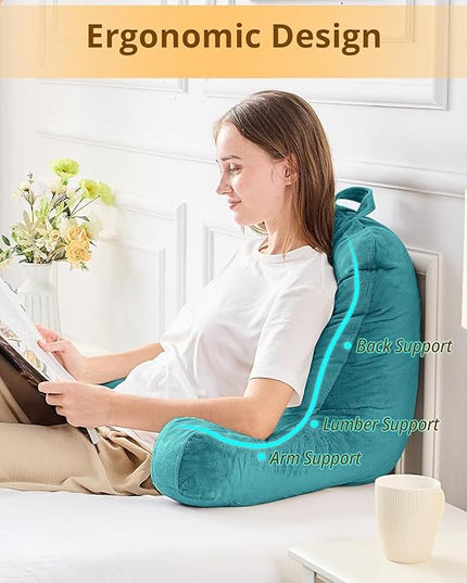 Sasttie Reading Pillow, Velvet Back Pillow for Bed Sitting Up, Adult Back-Rest Support Cushion with Arms for Sit Up on Couch, Sofa, and Floor, Dorm Essentials, Reading Accessories, Teal Blue