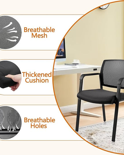 CLATINA Mesh Back Stacking Arm Chairs with Upholstered Fabric Seat and Ergonomic Lumber Support for Office School Church Guest Reception Black 4 Pack Set New Version