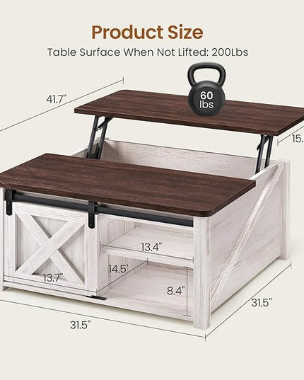 SEDETA 31.5" Lift Top Coffee Table with Storage, Square Coffee Tables for Living Room, Farmhouse Coffee Table with Large Hidden Storage Compartment and Adjustable Shelves, Vintage White