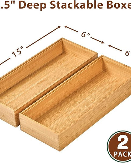 Umilife Bamboo Kitchen Drawer Organizer Boxes with Anti-Skid Silicone Feet, 2pcs Stackable Storage Bins for Kitchen Utensils & Silverware & Desk Drawer & Makeup, Tools Holder, 15”L x 6”W x 2.5”D Each