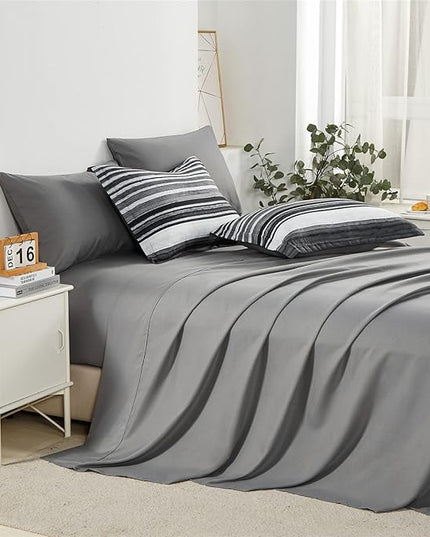 KAKIJUMN 7 Piece Bed in a Bag Stripe Comforter Set King Size, White Grey Black Patchwork Striped Comforter and Sheet Set, All Season Soft Microfiber Complete Bedding Sets(Grey,King)