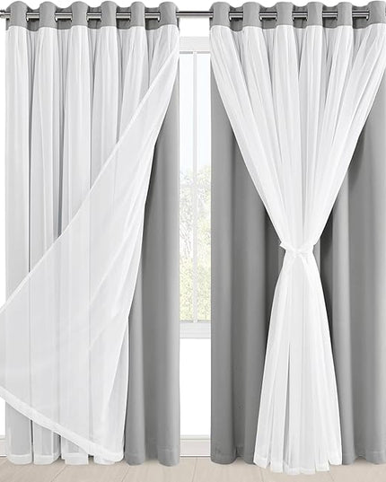 Hiasan Silver Grey Blackout Curtains with Sheer 84 Inches Long, Thermal Insulated Double Layer Room Darkening Curtains for Bedroom, Living Room, 2 Window Drape Panels with Tiebacks, 70W X 84L