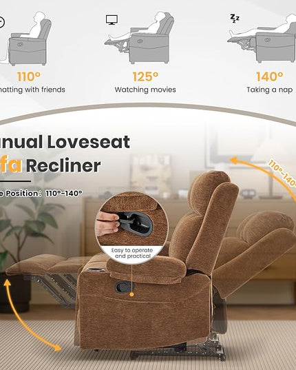 Manual Living Room Reclining Sofa Set, Comfy Chenille Loveseat Recliner Sofa & Deep Seat Reclining Couch, RV Wall Hugger Recliner Sofa Set for Living Room Furniture Sets(Brown)
