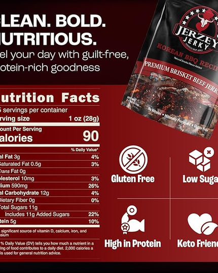 Jerzey Jerky Korean BBQ Brisket Jerky 2.5oz (2 Pack) – High Protein, Gluten Free and Healthy Beef Snacks with Rich, Authentic Flavor