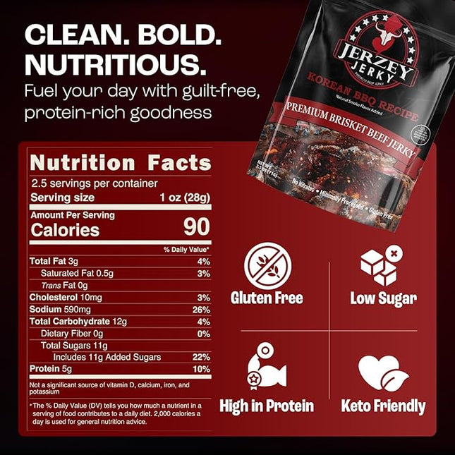 Jerzey Jerky Korean BBQ Brisket Jerky 2.5oz (2 Pack) – High Protein, Gluten Free and Healthy Beef Snacks with Rich, Authentic Flavor