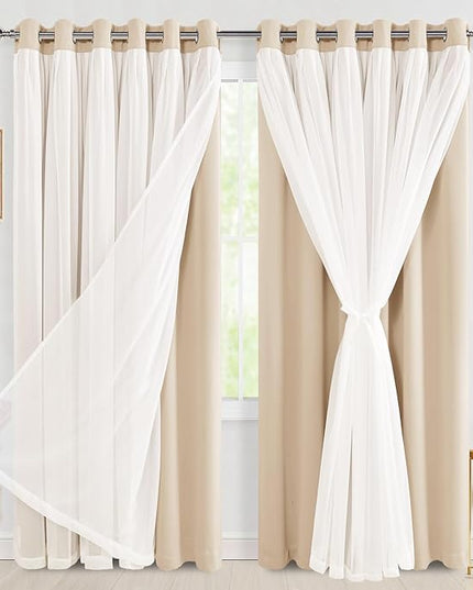 Hiasan Mix & Match Blackout Curtains with Sheer Overlay, Thermal Insulated Privacy Double Layer Room Darkening Window Curtains for Bedroom, Living Room, 2 Panels with Tiebacks, Beige, 70W X 84L
