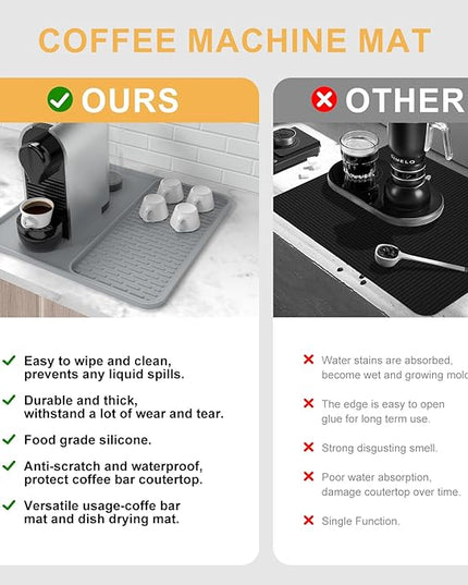Silicone Coffee Mat,16'' x 16'' Coffee Bar Mat with Detachable Dish Drying Mat for Kitchen Countertops,Coffee Bar Accessories Fit Under Coffee Maker Coffee Machine Espresso Machine Dish Rack