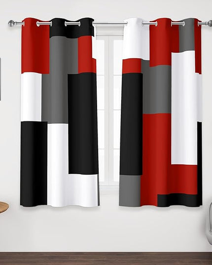 Red Black 100% Blackout Curtains 45 inch Length 2 Panels Set White Grey Modern Abstract Geometric Drapes for Kitchen Black Out Curtains Insulated Room Darkening Small Window Curtains, 42Wx45L