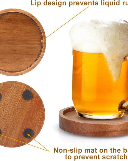 Rustic Wooden Coasters Set of 8 Farmhouse Coffee Table Decor Acacia Wood Drink Coaster with Holder Modern Outdoor Bar Cool Cup Costers Kitchen Accessories Decoration Home Dining Coasters Gift
