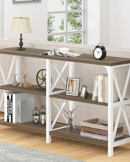 LVB Farmhouse Entryway Table, Industrial Wood Sofa Table with Storage Shelf, Modern Console Tables Behind Couch for Living Room, Wooden Hallway Foyer Table for Front Entry, White Rustic Oak, 55 Inch