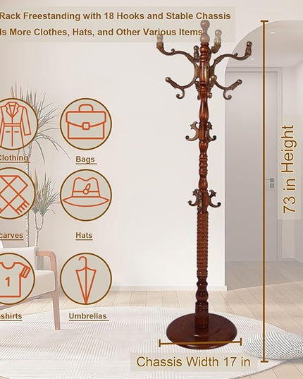 Coat Rack Freestanding with 18 Hooks, Wooden Standing Coat Racks for Entryway, Solid Wood Clothes Hanger Rack with Sturdy Round Base for Entryway, Hall, Bedroom, Office, Hallway (Caramel color)