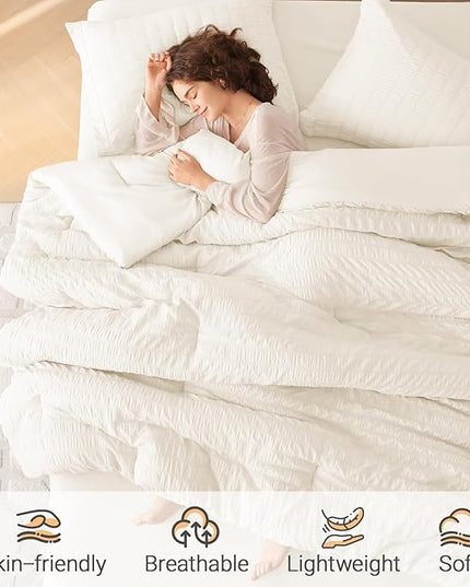MUXHOMO 7 Pieces Full Comforter Set, Seersucker Bed in a Bag Full Size, All Season Luxury Bedding Set with Comforter, Flat Sheet, Fitted Sheet, Pillowcases & Shams, Ivory