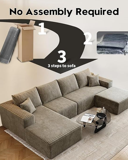 135.4" Cloud Modular Sectional Couch with 1 Ottoman,Modern Minimalist Upholstered Couches, Comfort U Shaped Sofa for Living Room,Deep Seat Corner Couch，No Assembly Required (Camel,Left Facing Chaise)