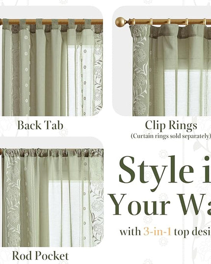 jinchan Winslow Sage Sheer Curtains 84 Inch for Bedroom Living Room Embroidered Bordered Floral Nursery Curtains for Playroom Dorm Light Filtering, Ivory on Sage, 2 Panels, 50W x 84L