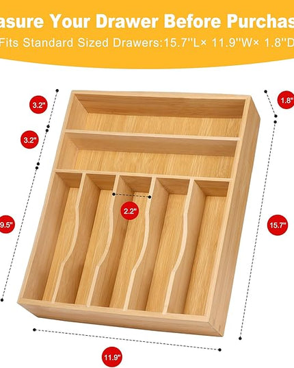 Kitchen Bamboo Silverware Organizer, Kitchen Drawer Organizer - Utensil Holder and Cutlery Tray with Grooved Drawer Dividers for Flatware 7 Slot, Natural