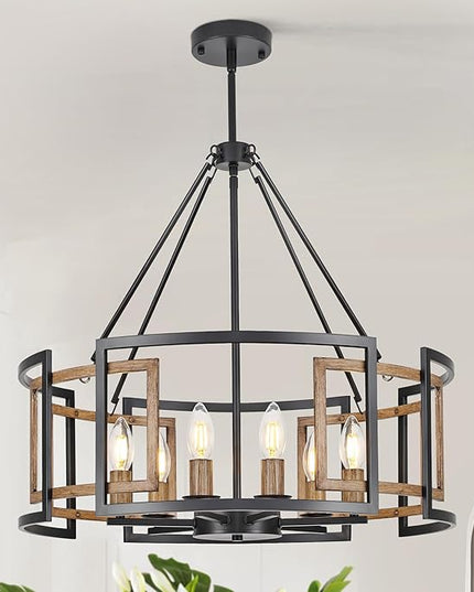 6-Light Drum Chandelier for Dining Room，23.6" Rustic Farmhouse Dining Room Light Fixture，Wood Grain and Vintage Black Metal Chandeliers for Kitchen Entryway Living Room