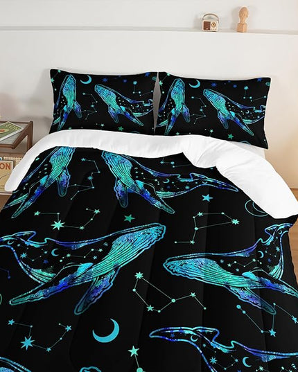 Whale Print Comforter Marine Life Bedding Set,Glowing Stars Moon Constellation Pattern Comforter Sets for Kids Boys Girls Room Decor,Cute Coastal Bedding Set Queen Size with 2 Pillowcases.