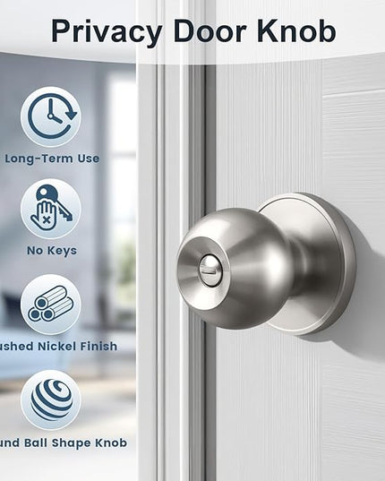 KNOBWELL Brushed Nickel Door Knob for Bedroom Bathroom, Interior Door Knobs with Round Ball Knob, Keyless Privacy Door Knob with Lock, Indoor Door Handle, 3 Pack