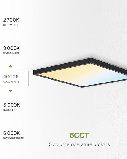 ASD LED 12" Square Flush Mount Ceiling Light Fixture, Low Profile Surface Lighting | 5CCT, Dimmable, Ultra-Thin, ETL Listed | 24W 1700LM 2700-6000K 120V | Kitchen, Bedroom, Hallway Lamp | Black