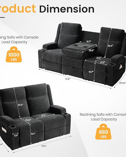 Manual Living Room Reclining Sofa Set, Comfy Chenille Loveseat Recliner Sofa & Deep Seat Reclining Couch, RV Wall Hugger Recliner Sofa Set for Living Room Furniture Sets(Black)