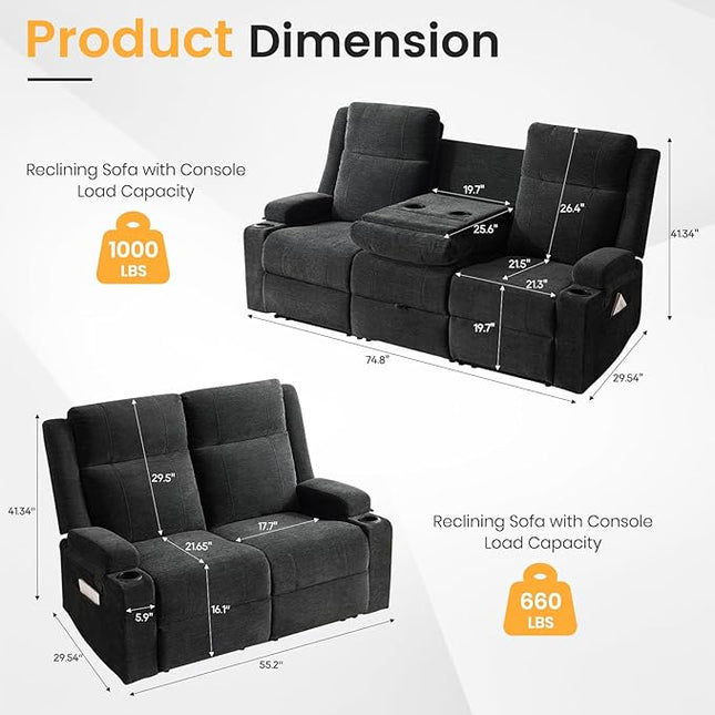 Manual Living Room Reclining Sofa Set, Comfy Chenille Loveseat Recliner Sofa & Deep Seat Reclining Couch, RV Wall Hugger Recliner Sofa Set for Living Room Furniture Sets(Black)