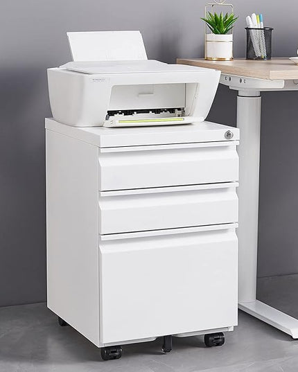 3-Drawer Lockable Mobile File Cabinet – Metal A4/Letter/Legal Size Storage for Home/Office, Pre-Assembled, Space-Saving Under-Desk Cabinet with Wheels (White)