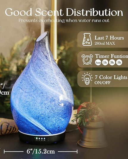 Porseme 280ml Essential Oil Diffuser Glass Color Changing Aroma Air Diffusers Aromatherapy Ultrasonic Cool Mist Humidifier 7 Running Hours Waterless Auto-Off for Sleeping, Yoga, Office, Spa (Obsidian)