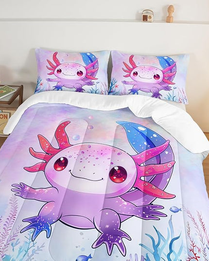 Cute Axolotl Bedding Set Full Size,Pink Axolotl Waterweed Pattern Toddler Bed Comforter Set,Kawaii Sea Life Bedding Sets for Kids Boys Girls Room Decoration with 2 Pillowcases.