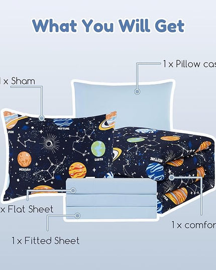 Twin Comforter Set for Boys-5 Pieces Space Glow in The Dark Twin Bedding Sets for Kids, Ultra Soft Bed in A Bag with Sheets