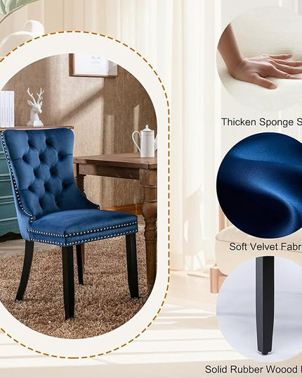 Modern 7-Piece Glass Dining Table Set for 6, Modern 60" Rectangle Black Glass Dining Room Table Set with Blue Velvet Tufted Chairs Wood Legs for Kitchen Dining Room