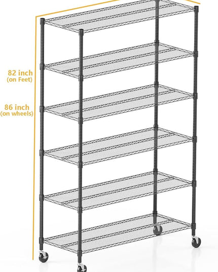Himimi 82" H Storage Shelves 6 Tier Metal Shelving Adjustable Wire Shelf with Wheels, Heavy Duty Shelving for Garage Kitchen Pantry Bathroom Laundry,18" D*48" W*82" H, Black