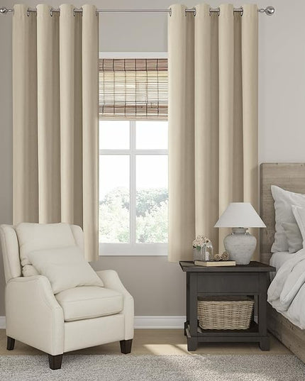 ChrisDowa 100% Blackout Natural Solid Solid Curtains 63 Inches Long 2 Panels for Bedroom Living Room,Farmhouse Room Darkening Thermal Insulated Soundproof Grommet Top Window Treatment Drapes,52x63