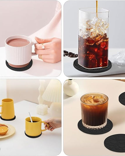 Black Silicone Coaster with Holder, 4 Inches Modern Bar Coasters Set of 6 for Desk, Tabletop Non Slip Decorative Cup Mat for Coffee, Drinks, Beer, Beverage - Dishwasher Safe