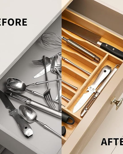 2-Piece Bamboo Silverware Organizer, Expandable Kitchen Drawer Organizer for Cutlery and Utensils, Multifunction Adjustable Bamboo Wood Cutlery Tray in Drawer for Flatware, (Natural)