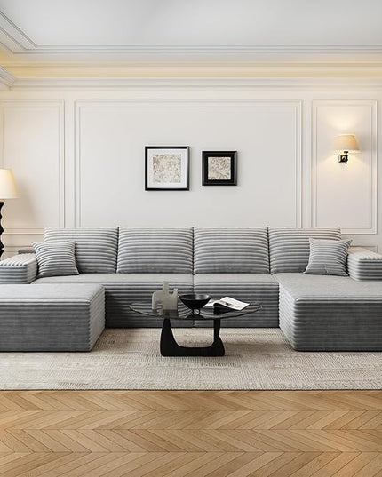 135.4" Cloud Modular Sectional Couch with 1 Ottoman,Modern Minimalist Upholstered Couches, Comfort U Shaped Sofa for Living Room,Deep Seat Corner Couch，No Assembly Required (Grey,Right Facing Chaise)