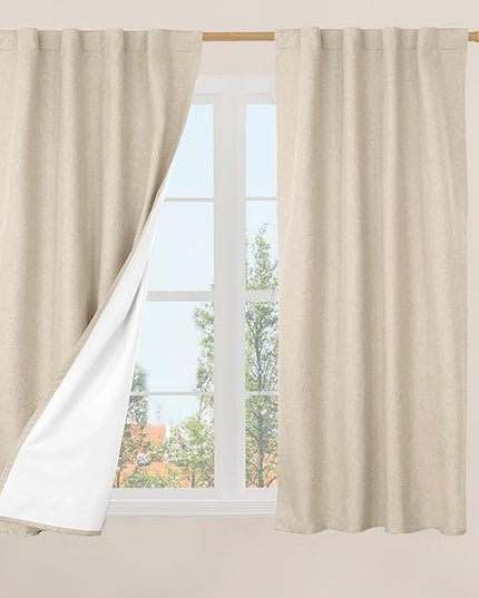 LAMIT Full Blackout Window Curtains for Bedroom, 54 Inches Thermal Farmhouse Curtains Back Tab and Rod Pocket Privacy Protected Burlap Panels with White Liner, 2 Panels, 38 x 54 Inch, Linen