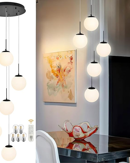 KoKo&Yukina 5-Light Globe Glass Pendant Light Adjustable Length Pendant Lights Fixtures Modern Black Chandelier with Milky White Glass Ceiling Lights for Living Room Staircase (Bulb & Remote Incl.)