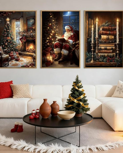 Christmas Wall Art 16x24 Inches Vintage Santa Claus Paintings Framed Christmas Winter Holiday Artwork Set of 3 for Living Room Bedroom