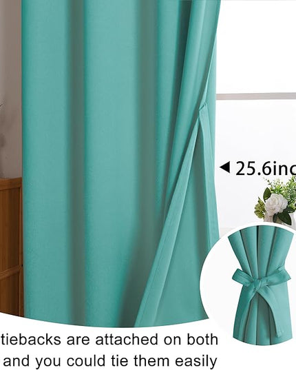JIUZHEN Turquoise Blackout Curtains with Tiebacks Thermal Insulated, Light Blocking and Noise Reducing Grommet Curtains for Bedroom and Living Room, Set of 2 Window Curtain Panels, 60 x 72 Inch Length