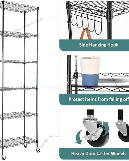 Himimi 6-Tier Storage Shelf Units, Adjustable Wire Shelving with Wheels, Metal Shelves with Stainless Side Hooks, Free Standing Shelving for Laundry Bathroom Kitchen Pantry Closet, Black