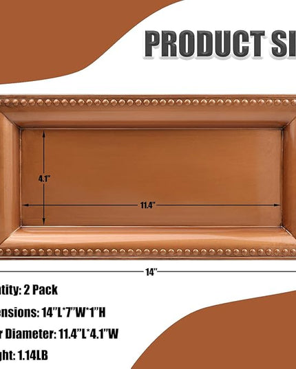 2 Pack Bronze Bathroom Vanity Tray for Countertop with Beads, Small Plastic Toilet Tank Versatile Storage Organization Tray for Makeup, Perfume, Desk, Kitchen, Candles, 14"x7"x1", 36GT