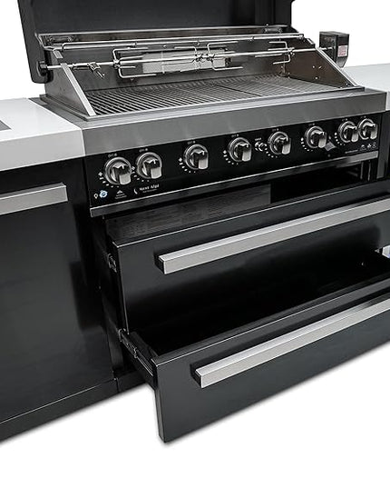 Mont Alpi MAi805-BSSFC 44-inch 6-Burner 115000 BTU Black Stainless Steel Gas Outdoor Kitchen Bar Island Grill w/Wine Cooler Beverage Center Refrigerator + Infrared Side Burner + Granite Countertop