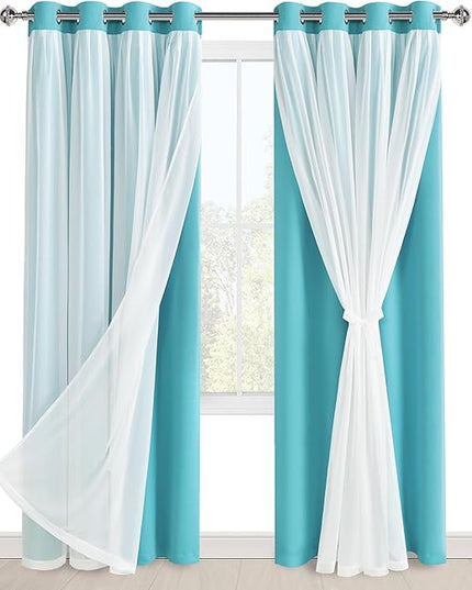 Hiasan Blackout Curtains with Sheer Overlay, Thermal Insulated Privacy Double Layer Mix & Match Grommet Window Curtains for Bedroom, Living Room, 2 Drape Panels with Tiebacks, Turquoise, 52W X 84L