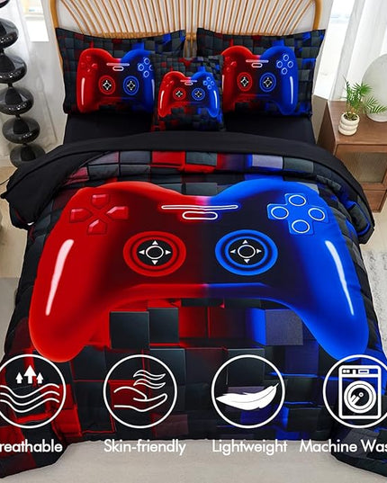 PERFEMET 6-Piece Boys Bedding Set Queen Size Red and Blue Game Console Kids Bed in A Bag Soft Lightweight 3D Cool Video Gamer Comforter Set with Sheets(Red Blue, Queen)