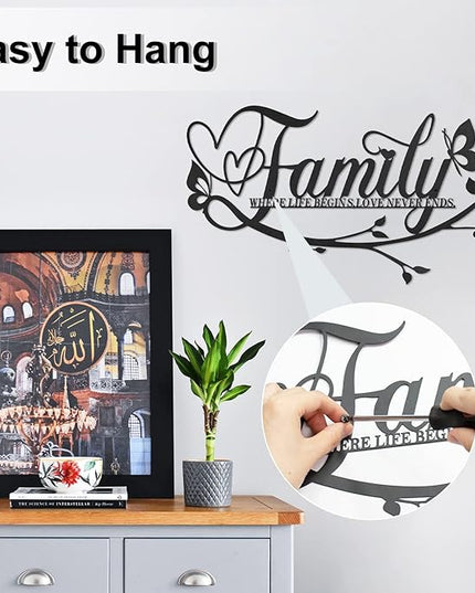AUHOKY Family Where Life Begins Love Never Ends Word Sign Metal Wall Decor, Black Home Decor Wall Art Decorations, Letters Quotes Sign for Living Room Bedroom Kitchen Indoor Outdoor Decor(Black)