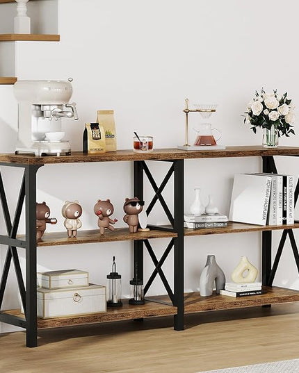 LVB Wood Console Table, Rustic 3 Tier Sofa Table Behind Couch, Industrial Metal Entryway Table with Storage Shelf, Farmhouse Wooden Foyer Hallway Table for Entry Living Room, Rustic Brown, 55 Inch