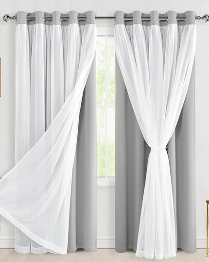 Hiasan Silver Grey Blackout Curtains with Sheer 84 Inches Long, Thermal Insulated Double Layer Room Darkening Curtains for Bedroom, Living Room, 2 Window Drape Panels with Tiebacks, 60W X 84L